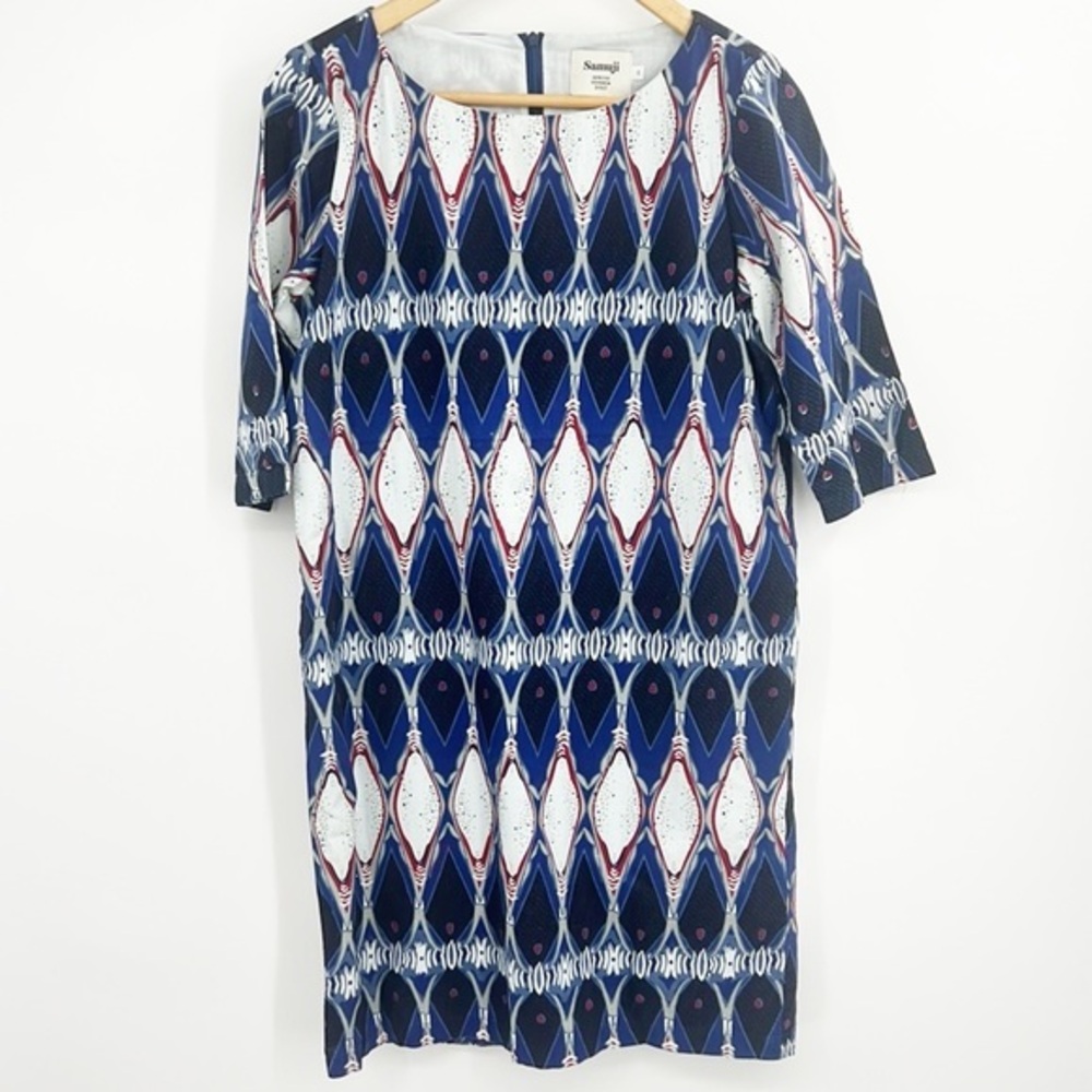 Samuji Ikat Pattern Shift Dress Navy Blue Red White size 34, XS